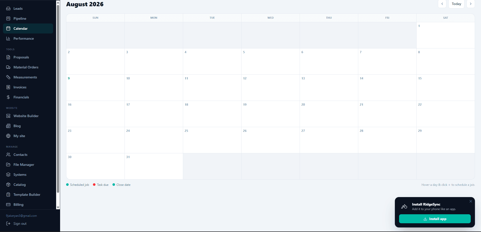 The RidgeSync app: jobs calendar, pipeline, measurements, proposals, invoicing and your website — all in one place